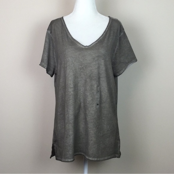Brand New BKE Raw Edge Minimalist V-neck Tee Women’s Large Washed Capers Taupe - Picture 2 of 9